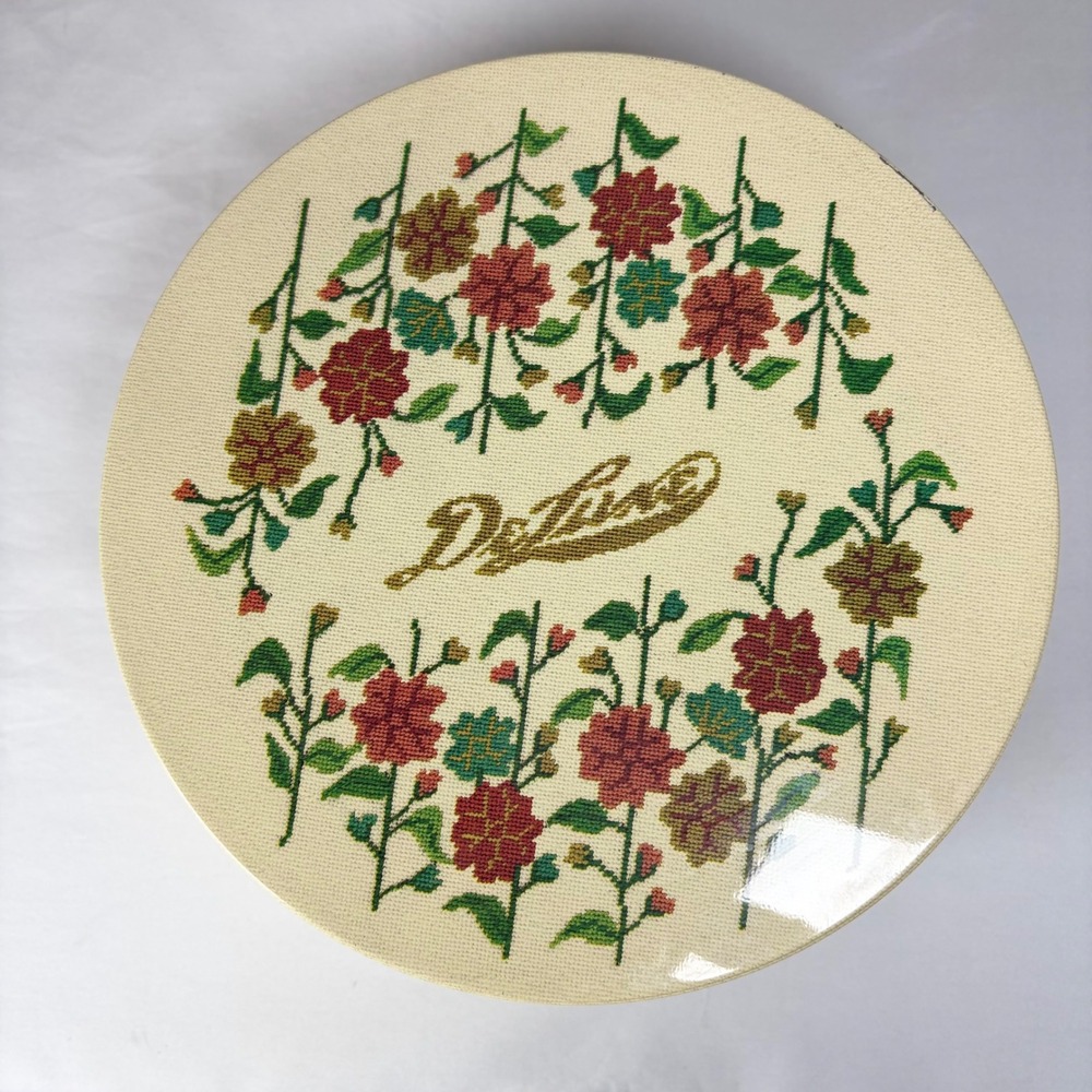Vintage DeLuxe Round‎ Floral Cross Stitch Pattern Metal Cookie Tin Storage Box